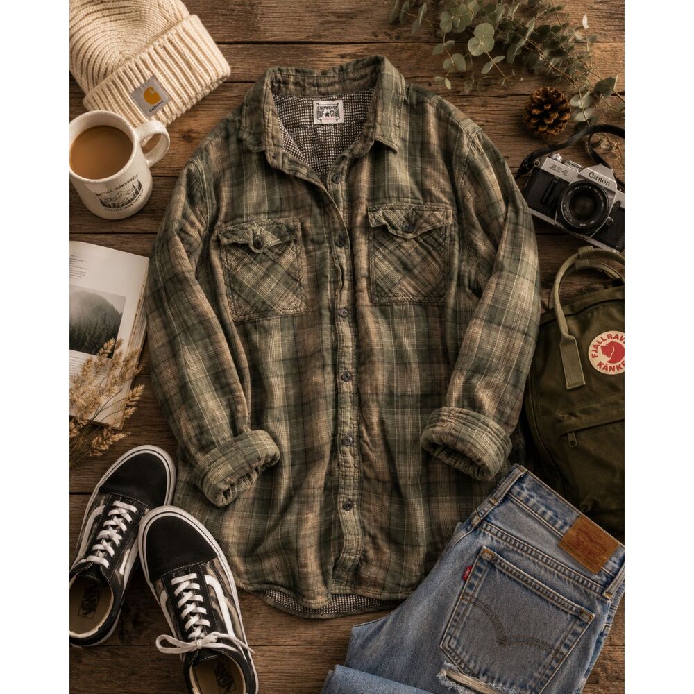 Converse One Star Green Beige Plaid Button Up Shirt Women's XL